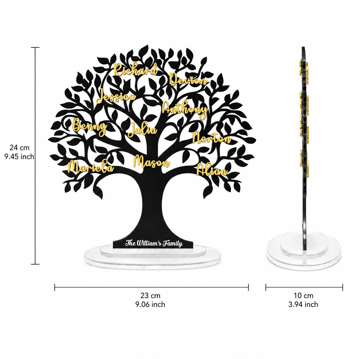 Decorative black family tree with gold leaves on a round white base