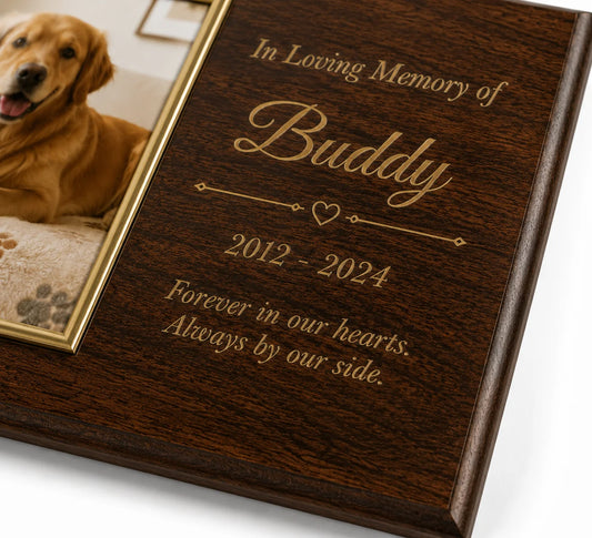 Wooden memorial plaque with photo of a dog named Buddy and engraved text