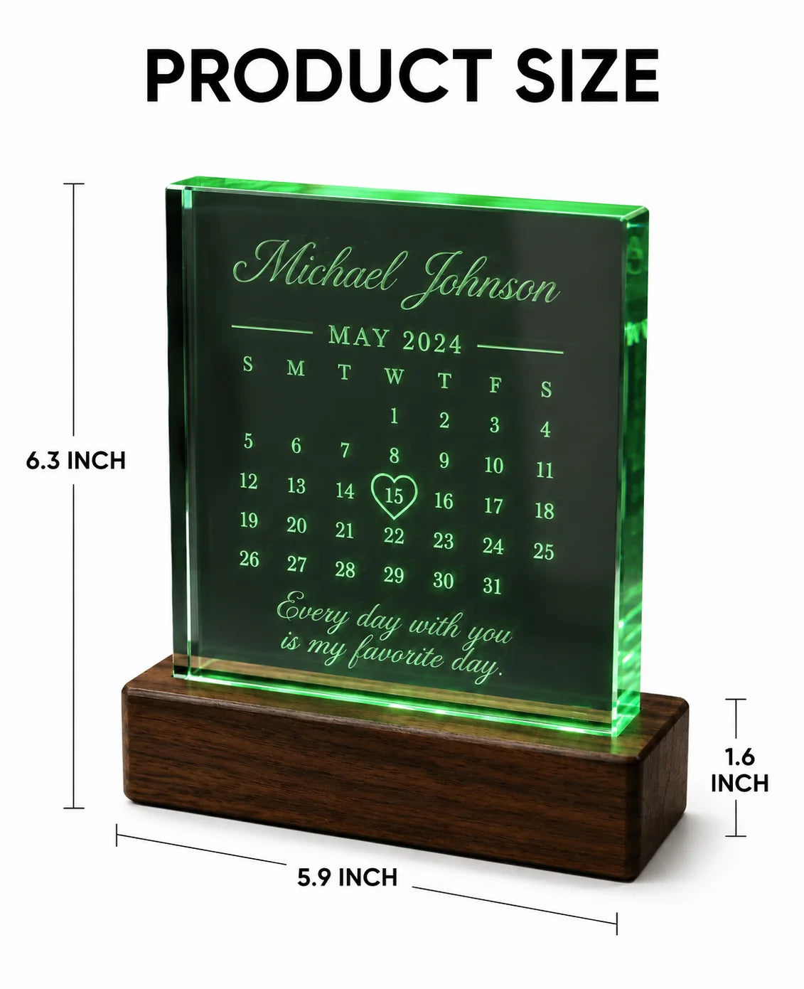 Green acrylic calendar block with wooden base, personalized for Michael Johnson