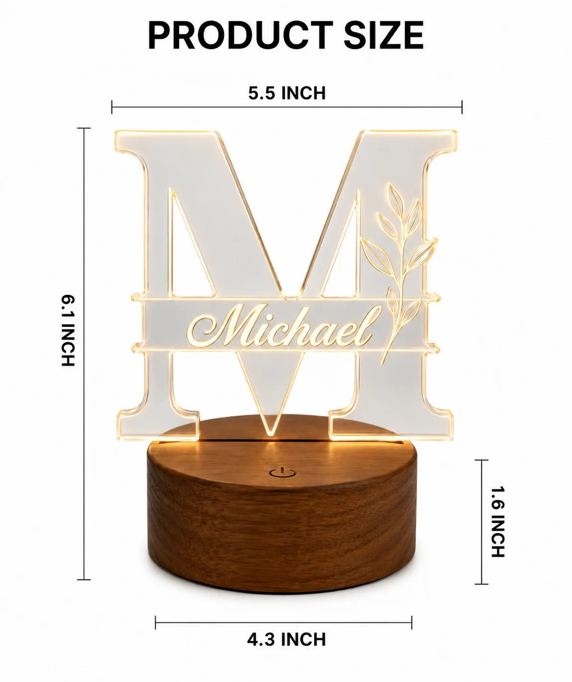 Illuminated wooden base with a custom laser-cut monogram light for Michael