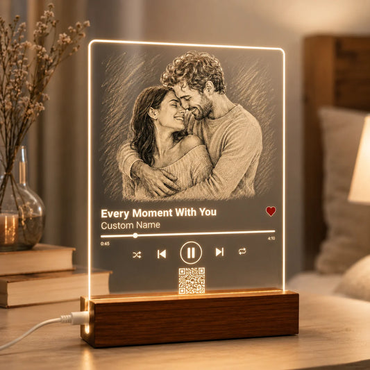 Illuminated wooden base music-themed LED panel with couple photo and song