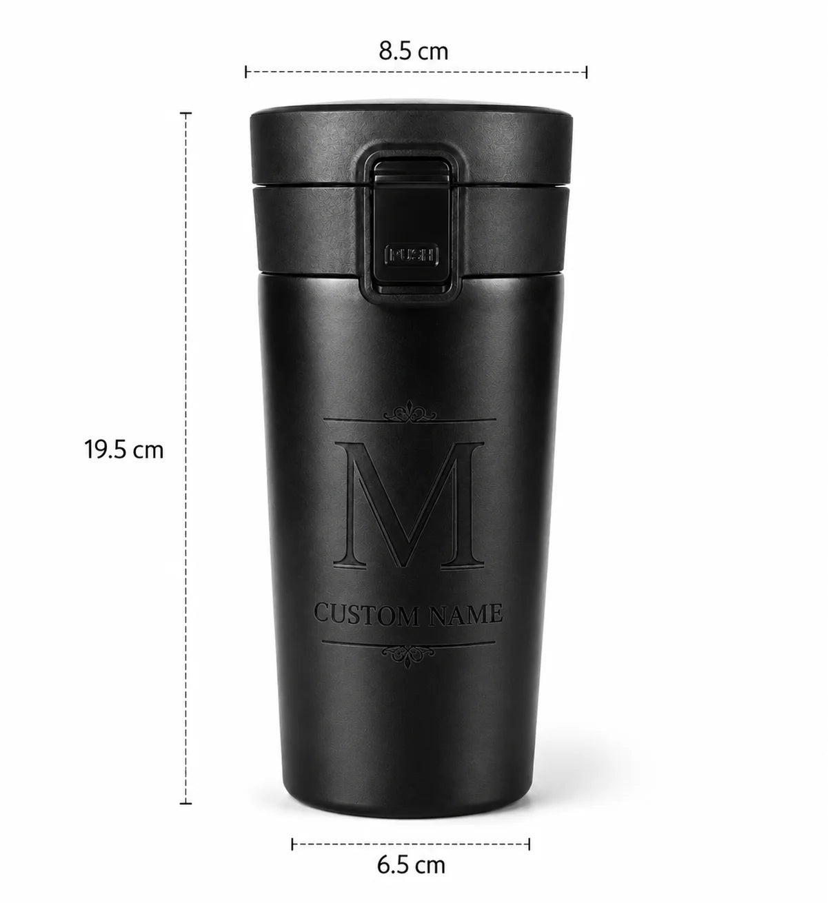 Black travel mug with measurements, embossed letter M, and text on side