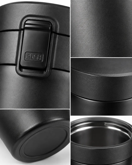 Collage of black travel mug with secure lid, rubber seal, and button detail