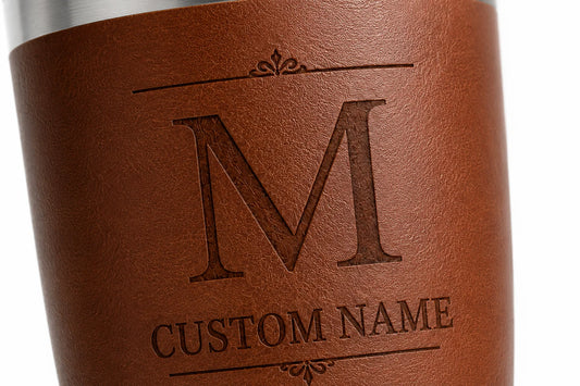 Brown leather cup with embossed monogram and custom name text in elegant font