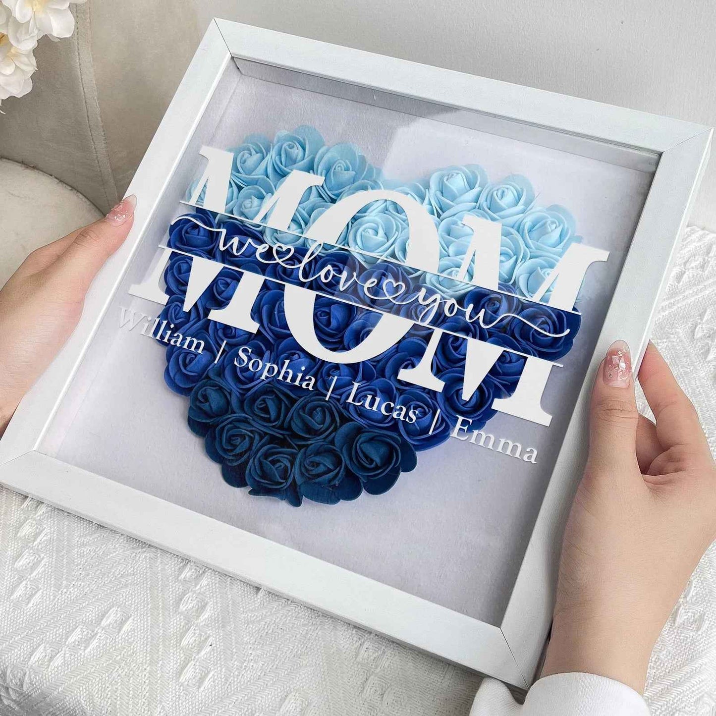 Personalized Flower Shadow Box Gift for Mum Custom Names Rose Frame Mothers Day Present