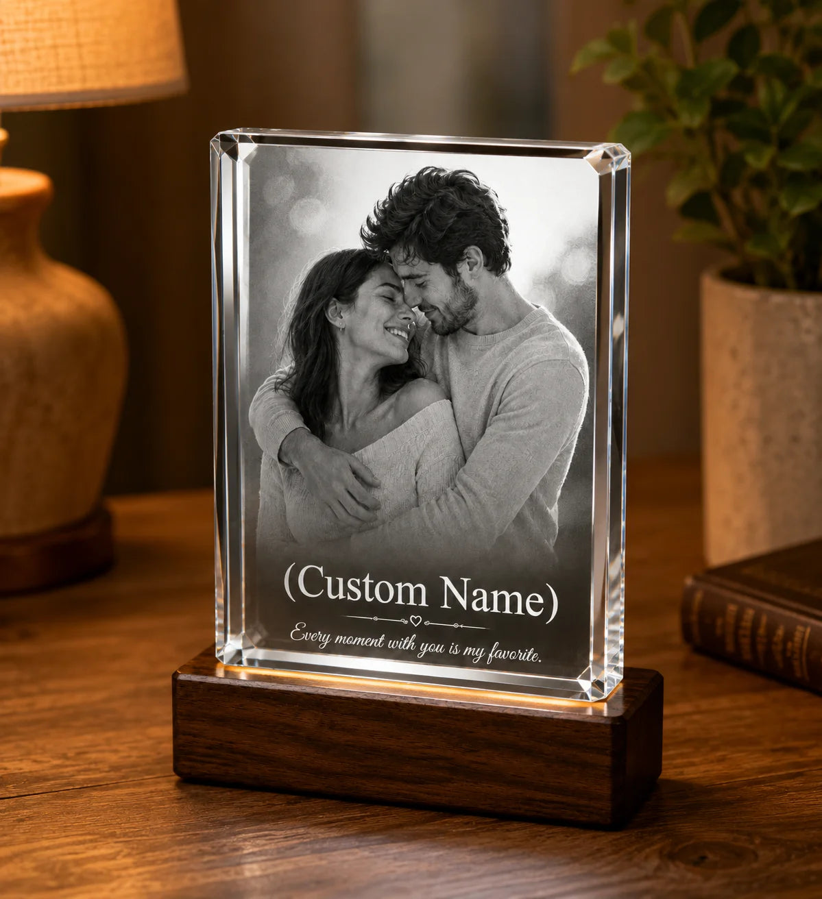 Custom engraved crystal block with romantic couple photo on wooden base