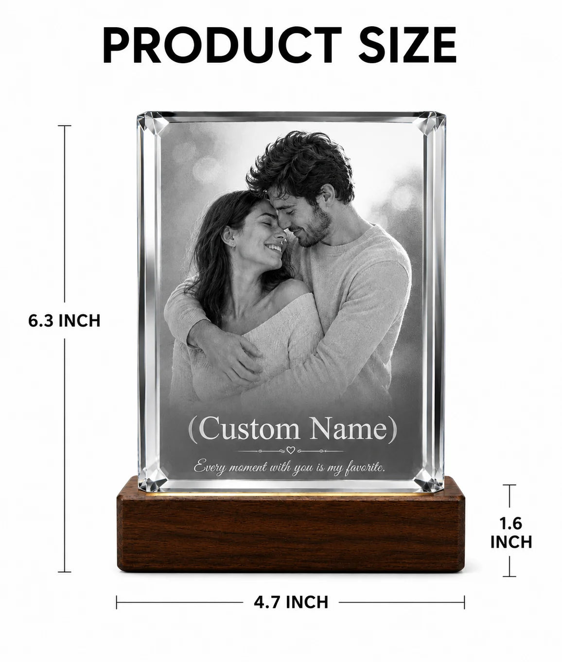 Customizable glass block with photo and text on a wooden base display