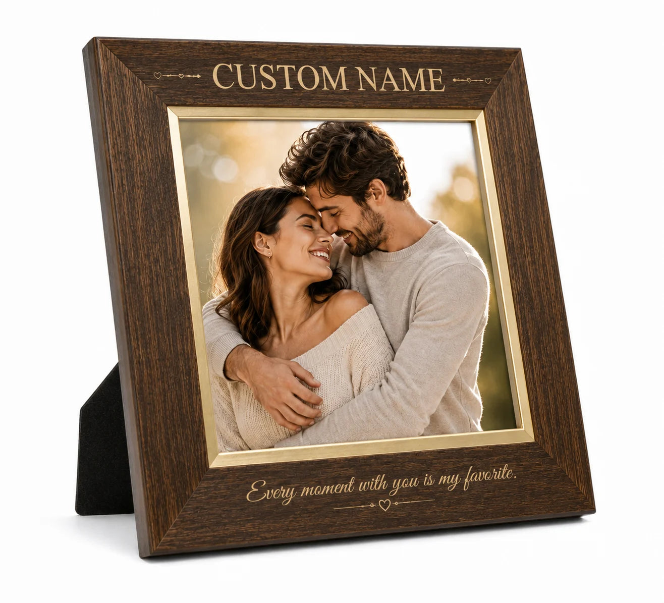 Custom wooden frame with photo of a couple hugging and engraved text