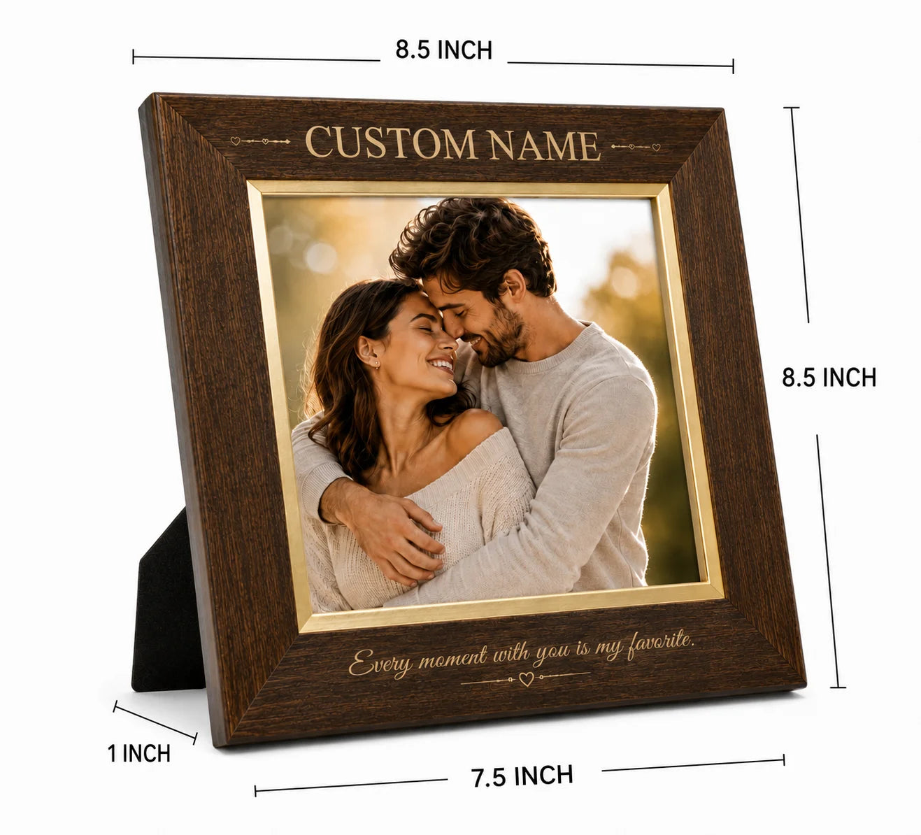 Custom wooden photo frame with a couple’s picture and engraved text