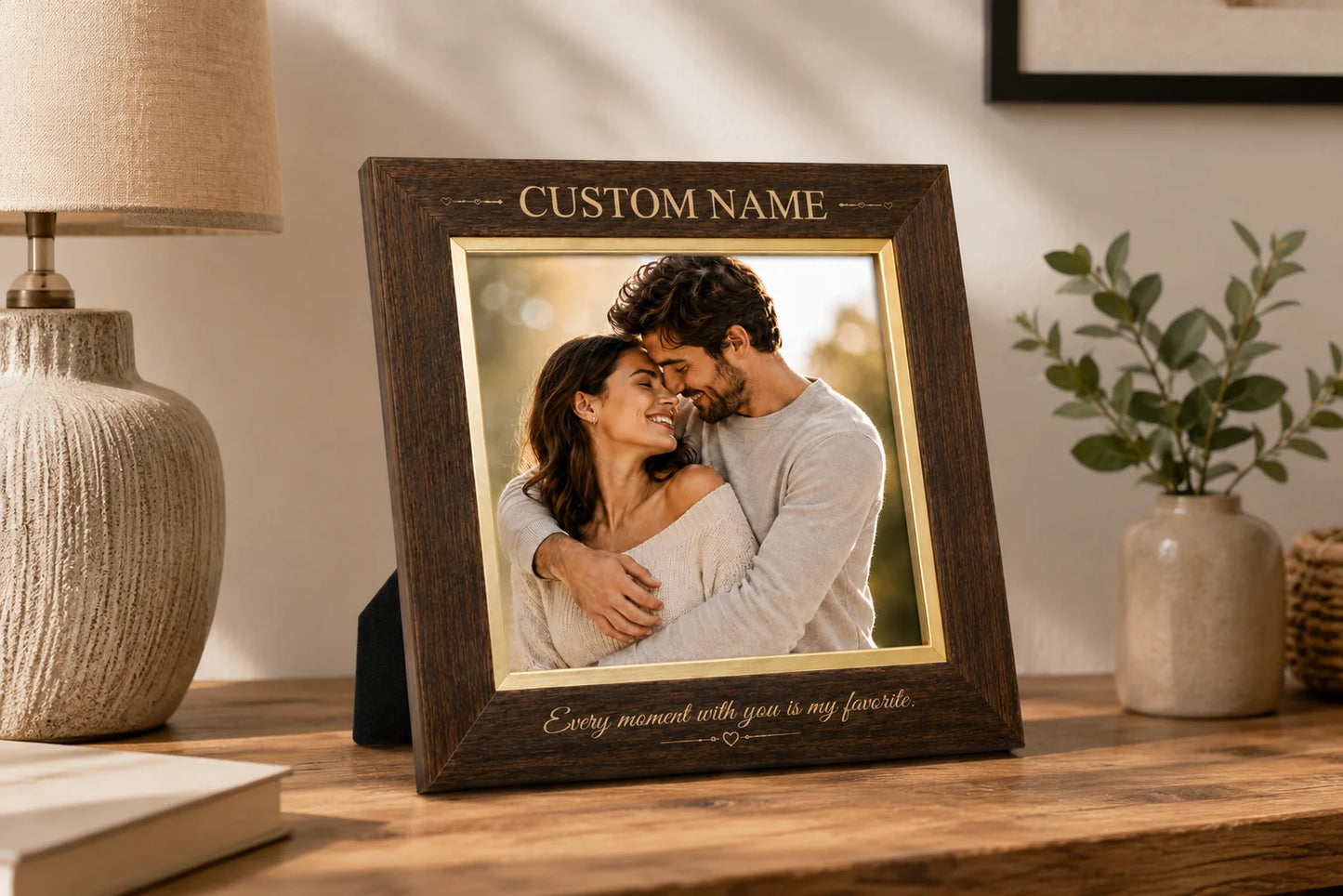 Wooden custom name photo frame with couple’s picture on a table