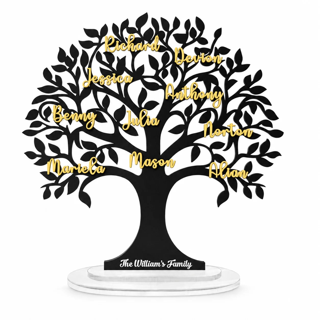 Decorative family tree sculpture with names on leaves and a round base
