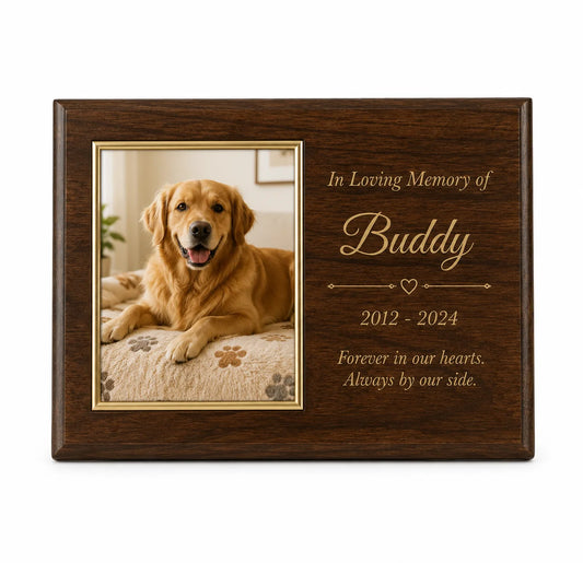 Wooden memorial plaque with a golden retriever photo and engraved text