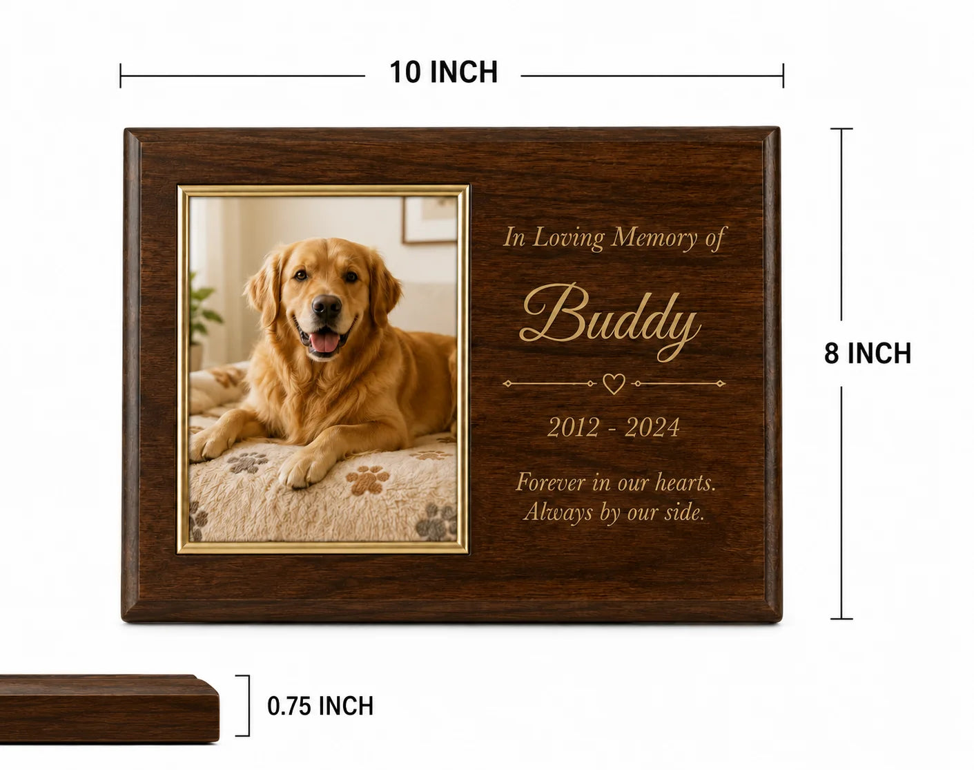 Wooden memorial plaque with a golden retriever photo, dates, and text in a frame