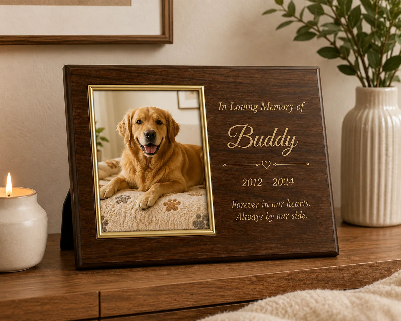 Wooden memorial plaque with dog photo, text, candle, and vase on table