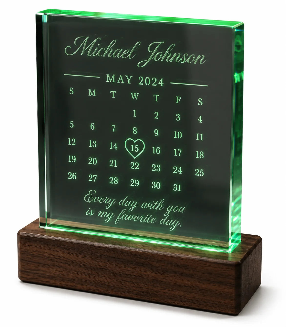 Personalized illuminated acrylic calendar block for Michael Johnson, May 2024