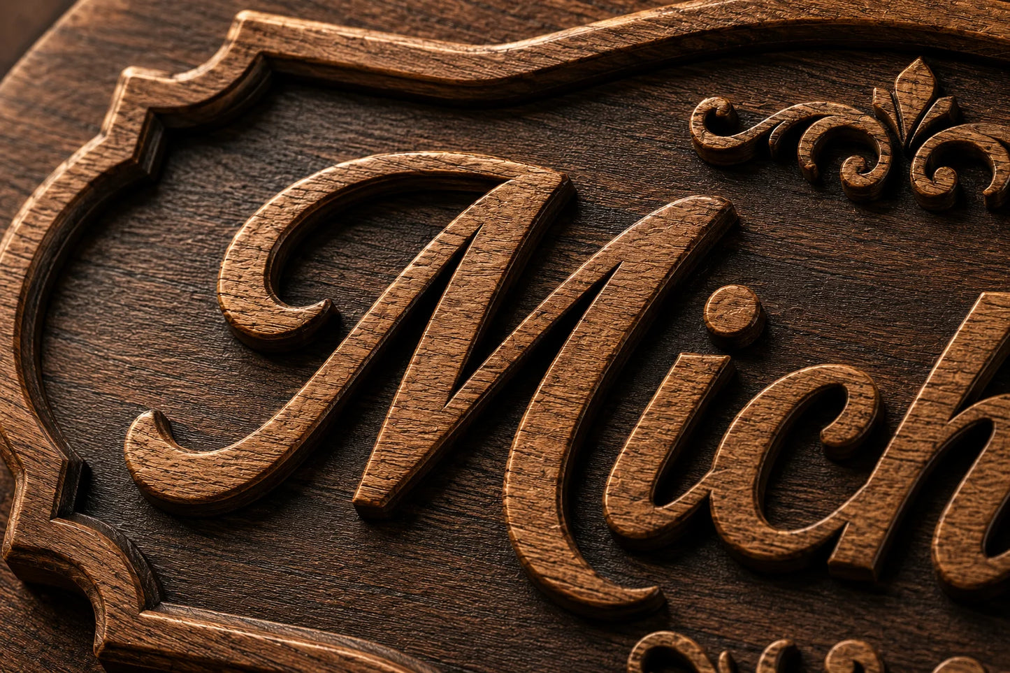 Intricate wooden sign with ornate carved frame and cursive text reading Mich