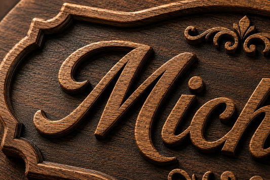 Intricate wooden sign with ornate carved frame and cursive text reading Mich
