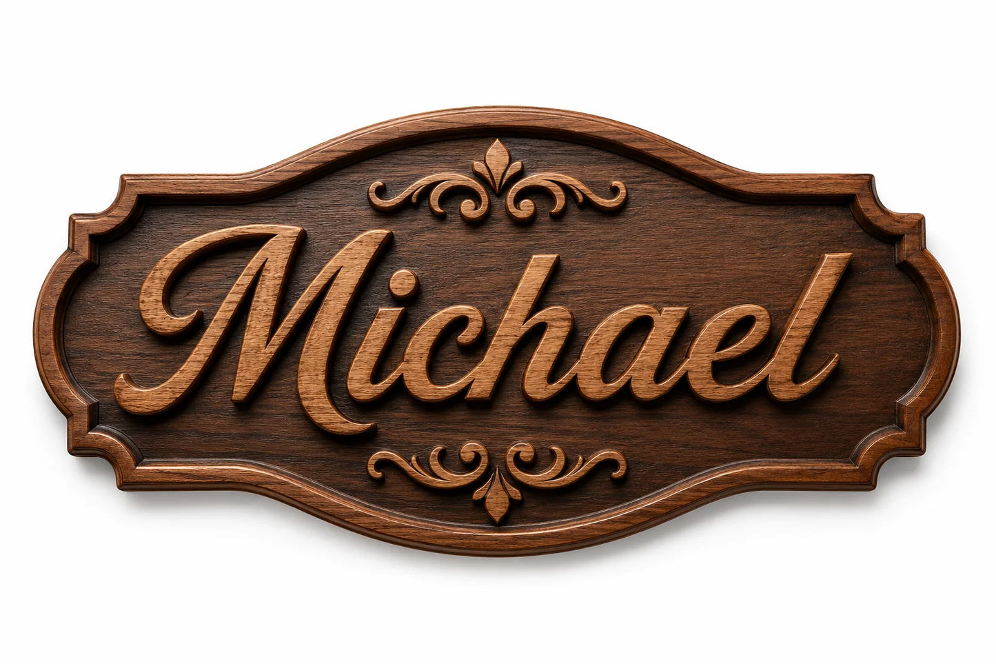 Ornate wooden sign with elegant script ‘Michael’ and intricate decorative