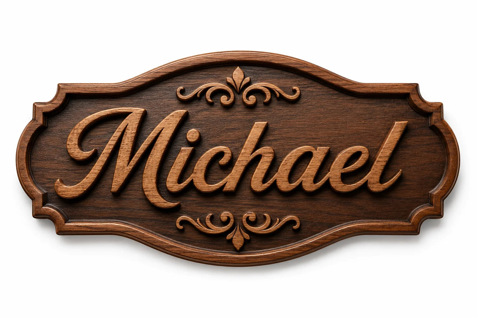 Ornate wooden sign with elegant script ‘Michael’ and intricate decorative