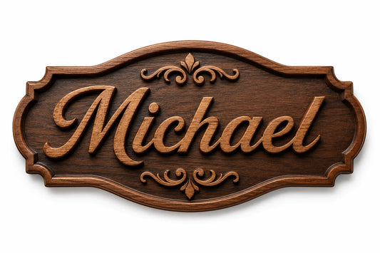 Ornate wooden sign with elegant script ‘Michael’ and intricate decorative