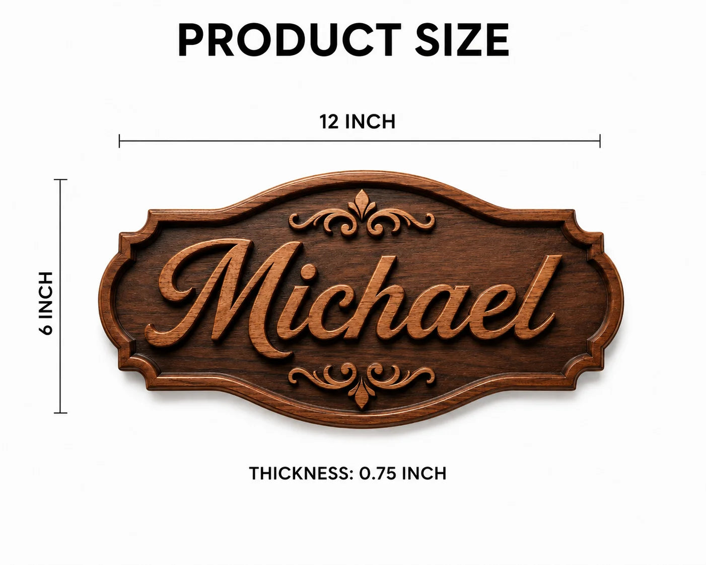 Oval wooden sign with the name Michael engraved, measuring 12 by 6 inches