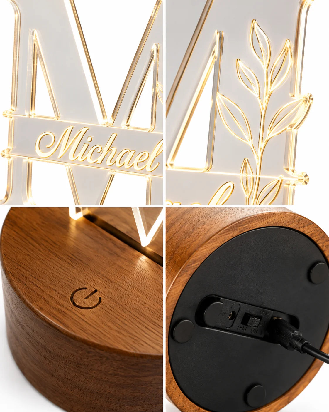 Collage of illuminated wooden name sign and base with elegant design