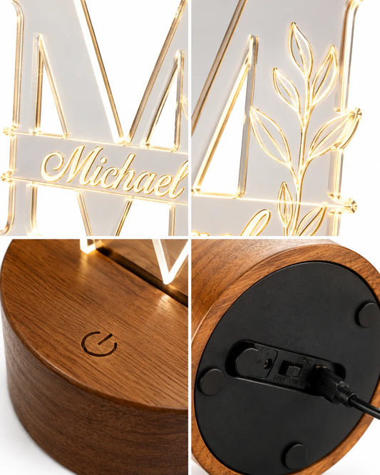 Collage of illuminated wooden name sign and base with elegant design