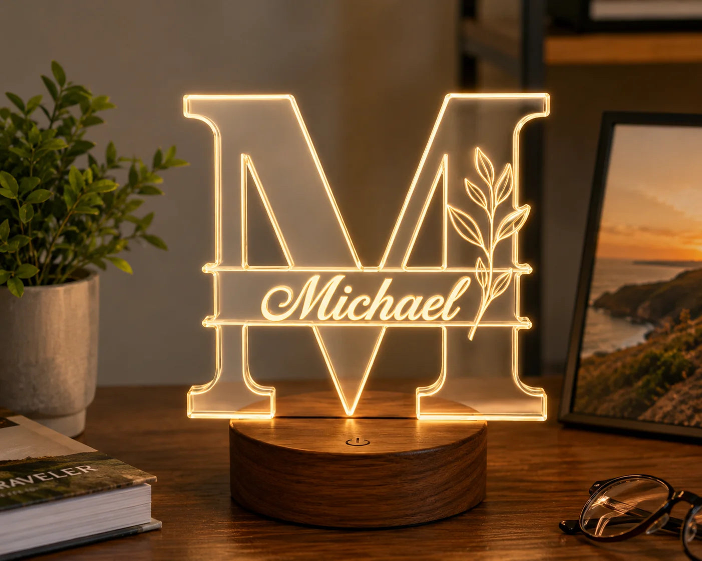 Illuminated wooden base lamp with custom Michael nameplate and leaf design