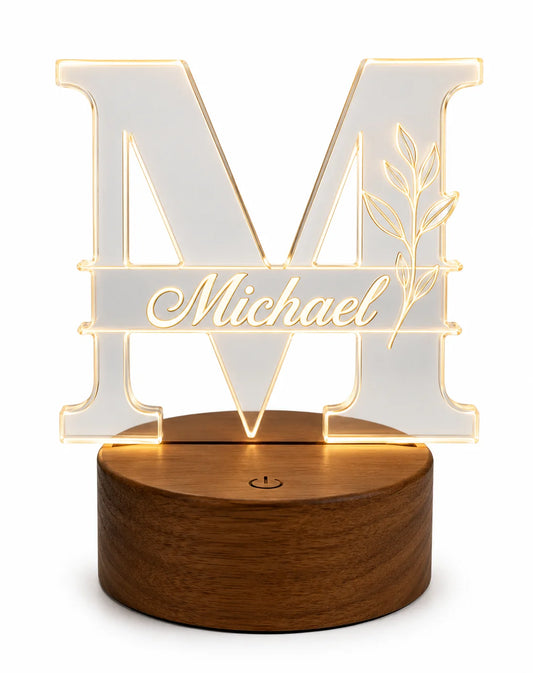 Illuminated wooden base with a custom name light in cursive and a decorative