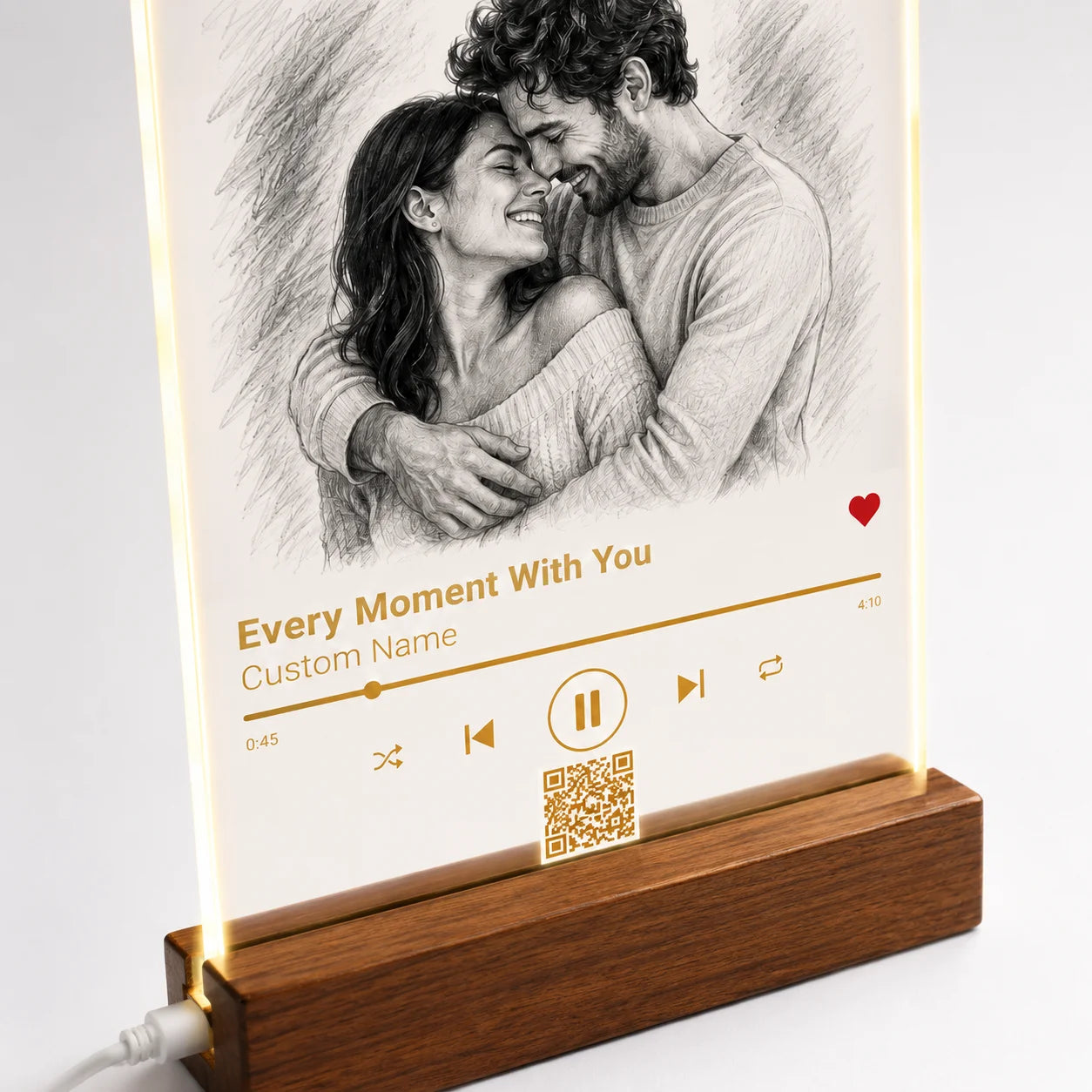 Custom wooden stand holding a sketch portrait with a music player interface