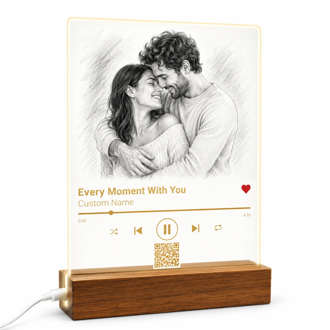 Wooden LED light with custom illustration of couple hugging and music notes