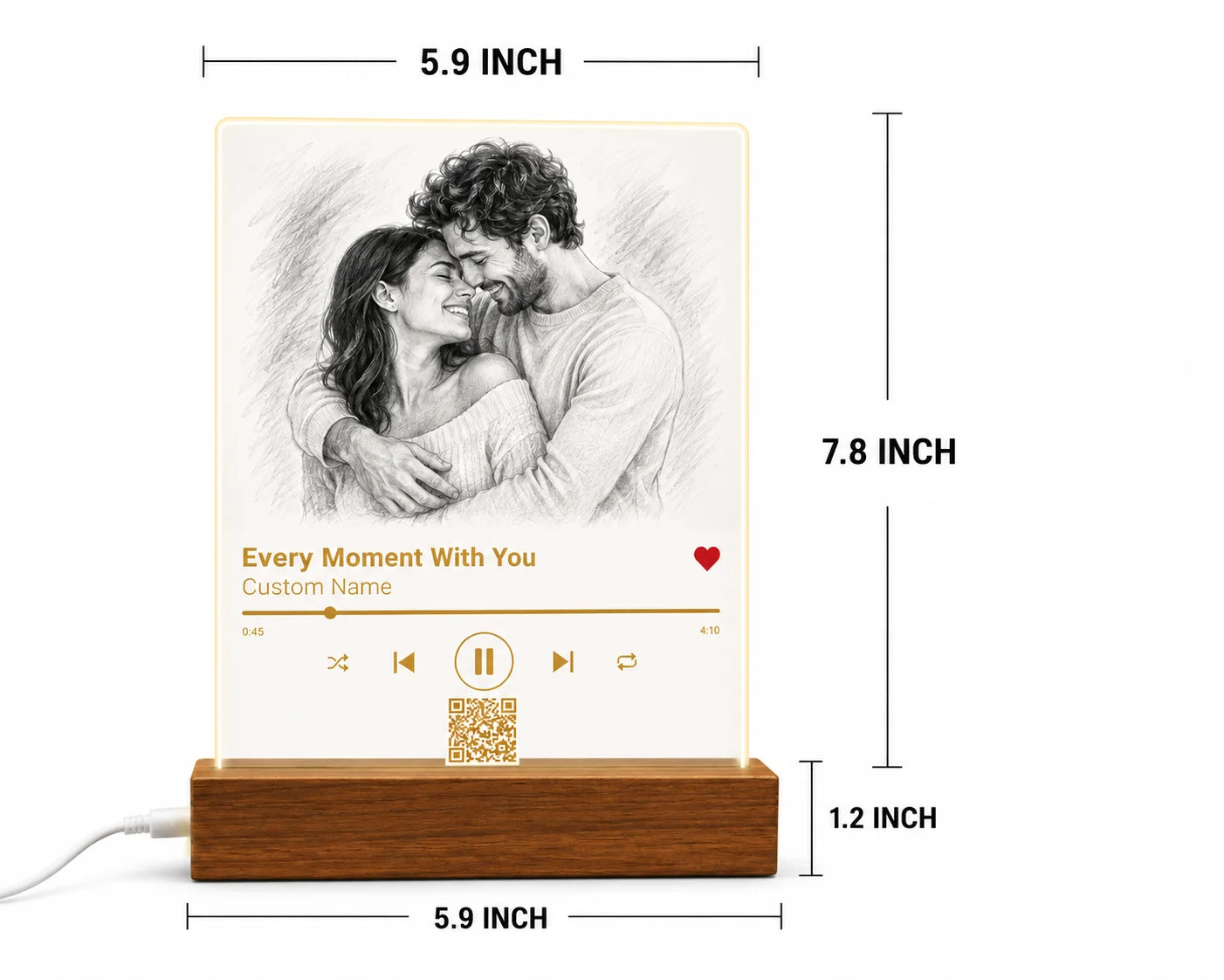 Wooden LED music box with a romantic sketch and precise measurements