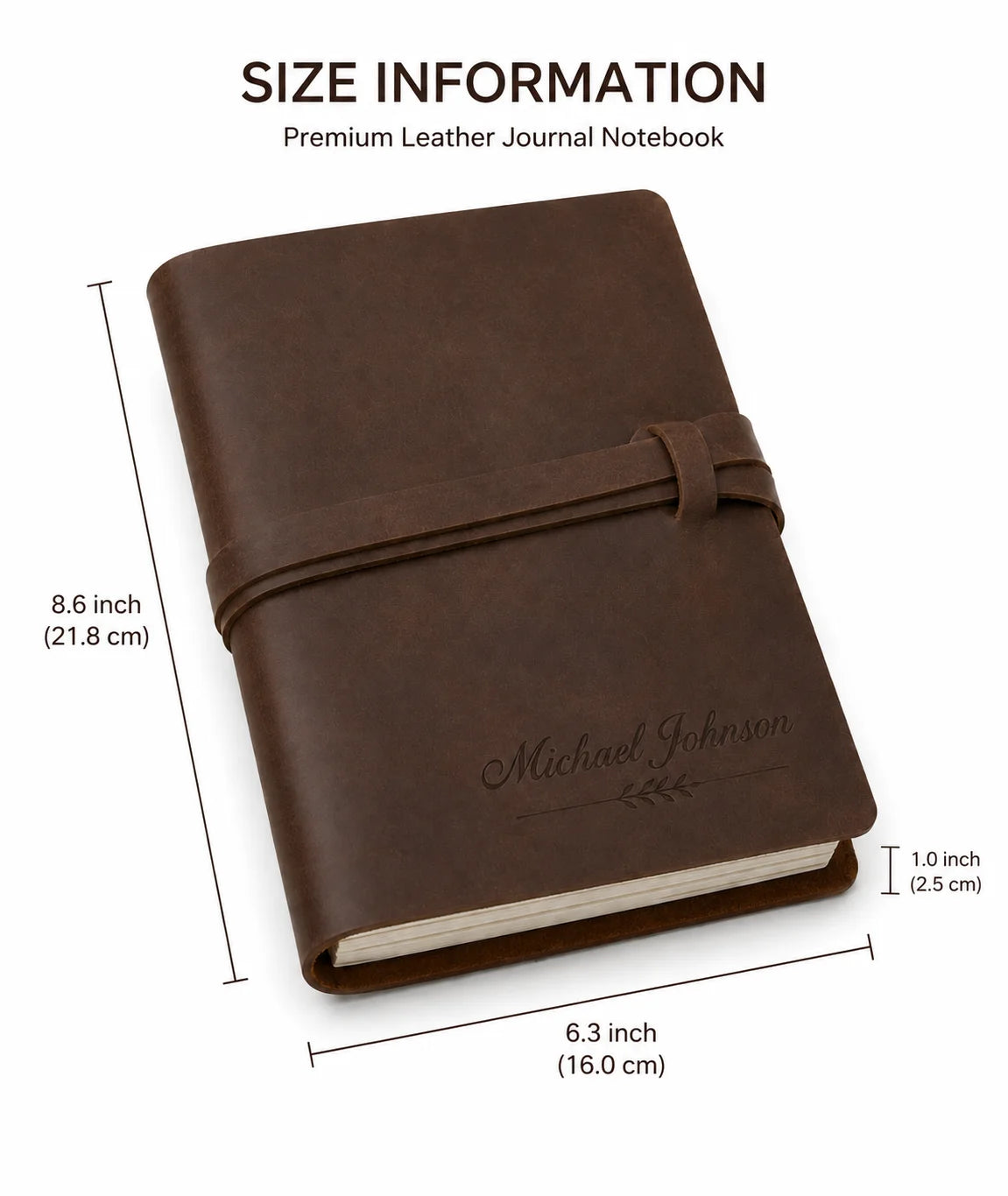 Brown leather journal notebook with size information and embossed text
