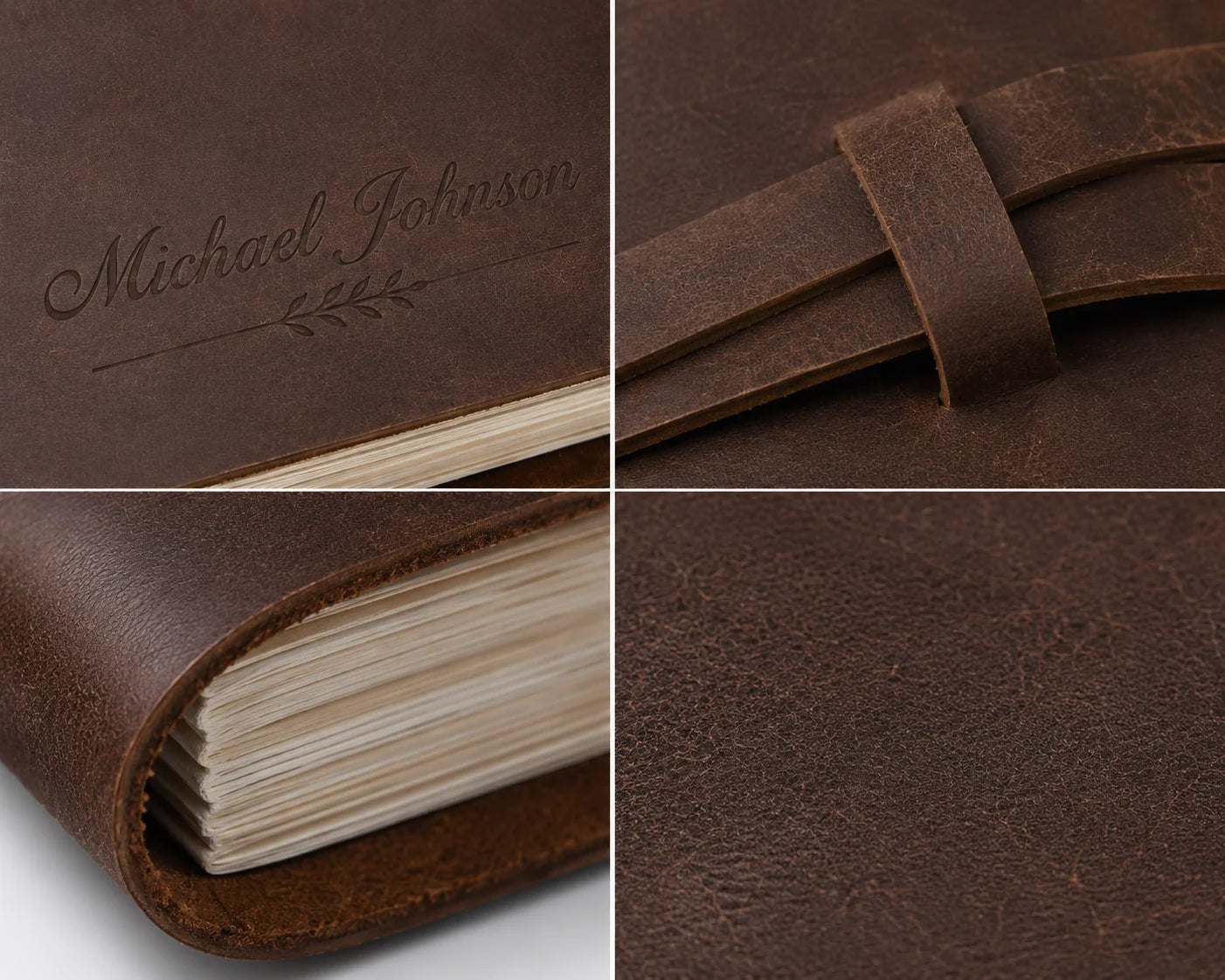 Close-up views of a brown leather-bound book with embossed name and tied strap