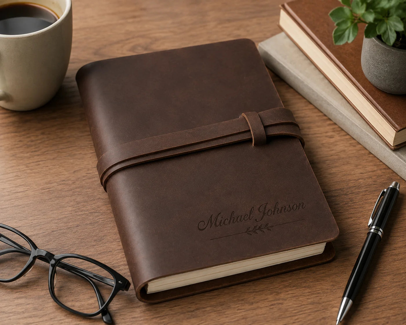 Vintage brown leather journal with glasses, pen, and coffee on a wooden desk