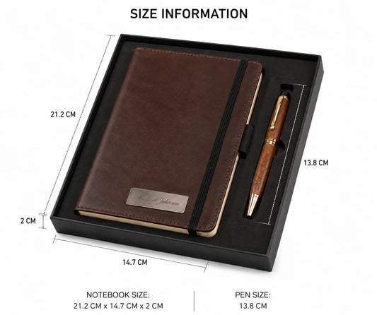 Brown leather notebook and wooden pen set in a box with size details