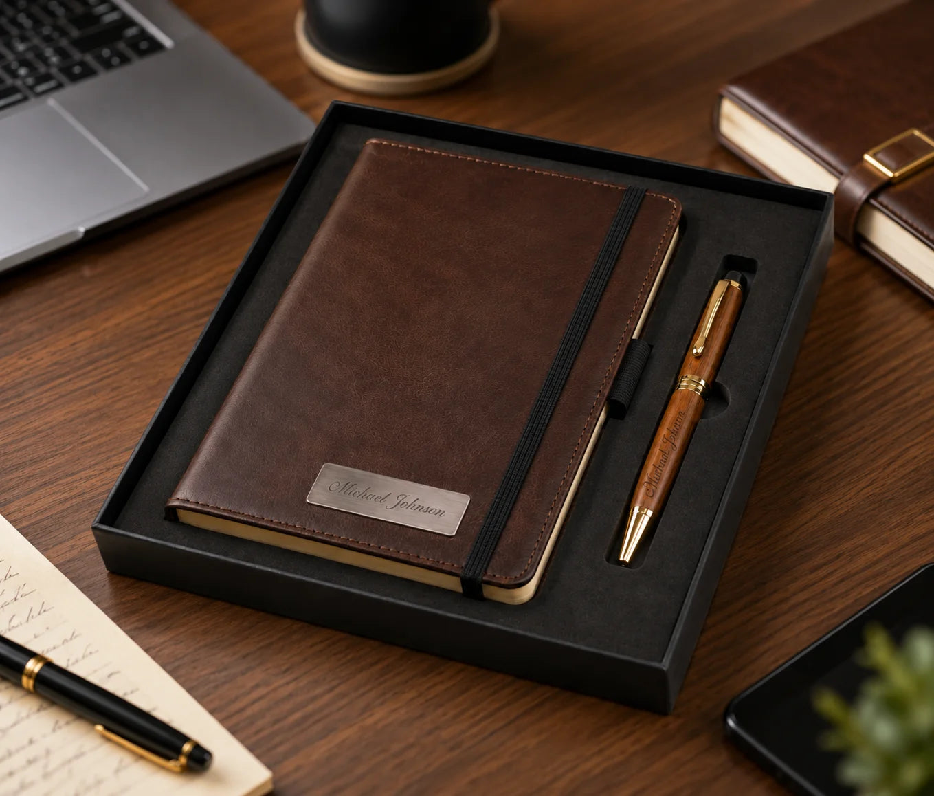 Luxury leather notebook, pen, and box set on a wooden desk with tech accessories