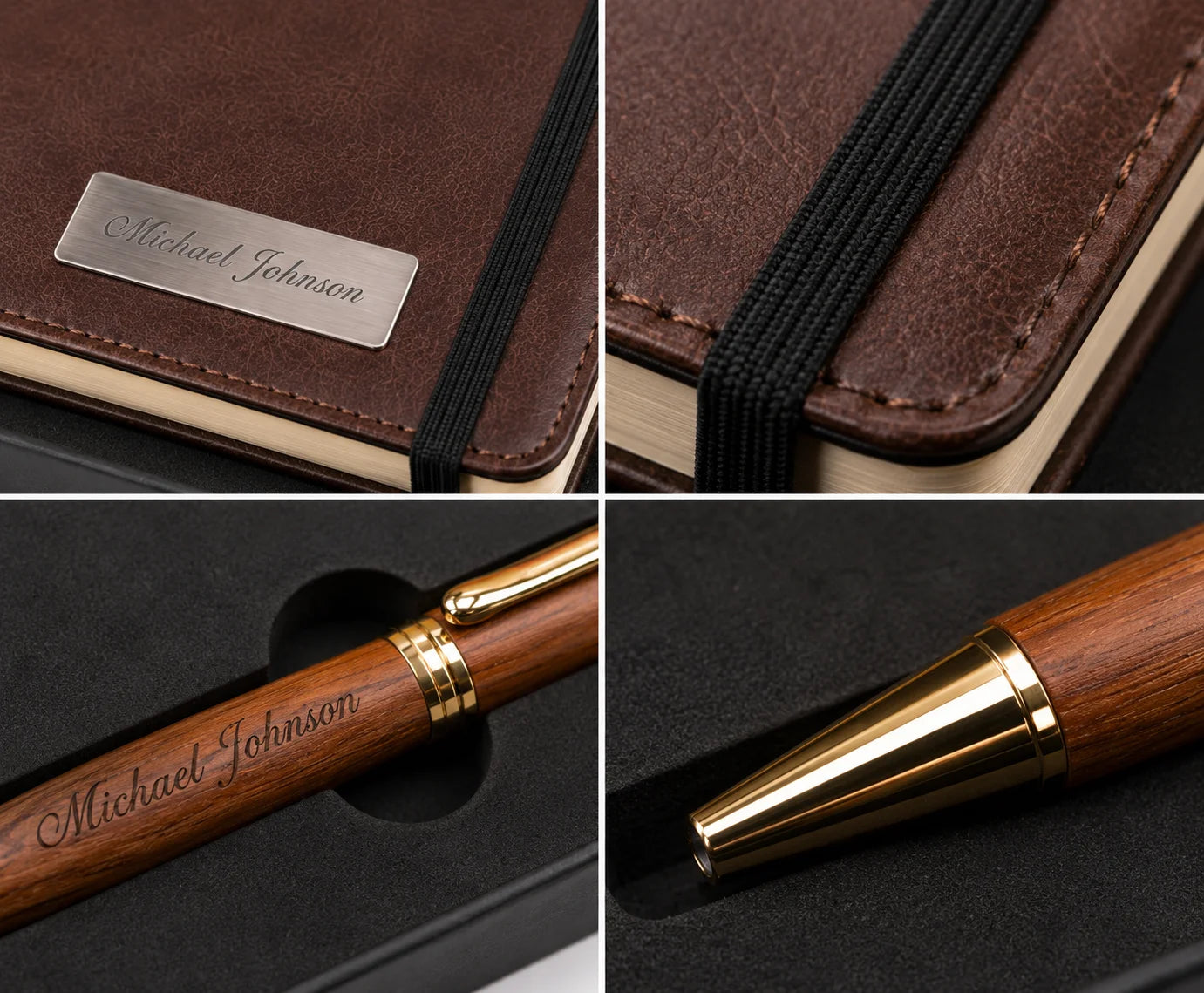 Personalized brown leather notebook and wooden pen with gold accents displayed