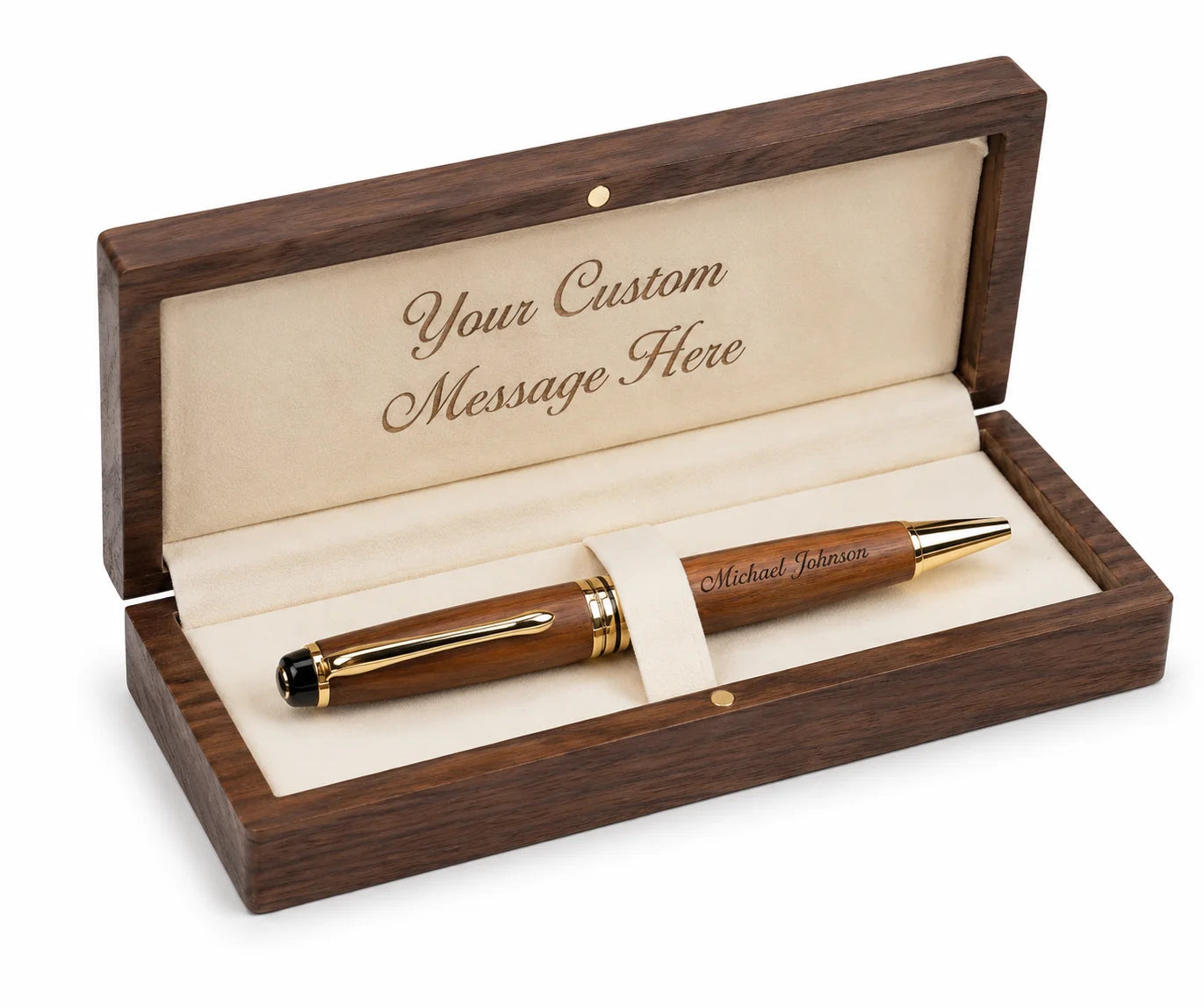 Custom engraved wooden pen in a polished wooden box with a personal message