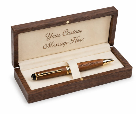 Custom engraved wooden pen in a polished wooden box with a personal message