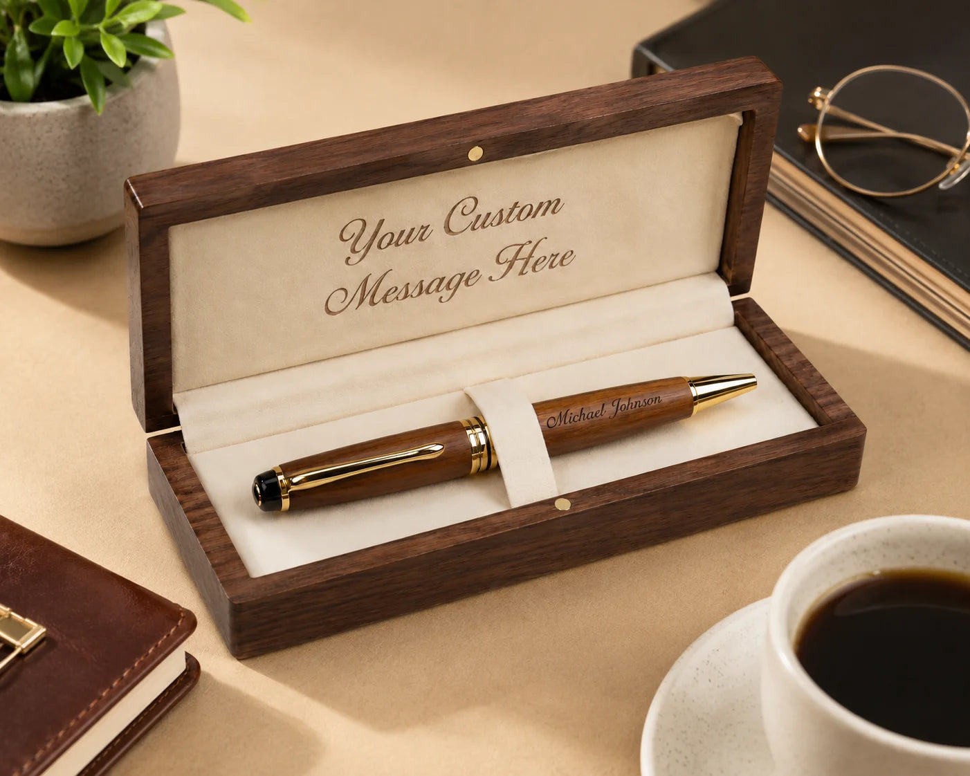 Custom engraved wooden pen in an open box with notebook and coffee