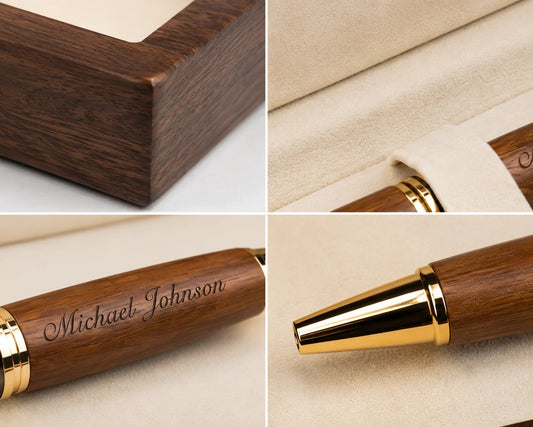 Personalized wooden pen in a matching box with engraved name and gold accents