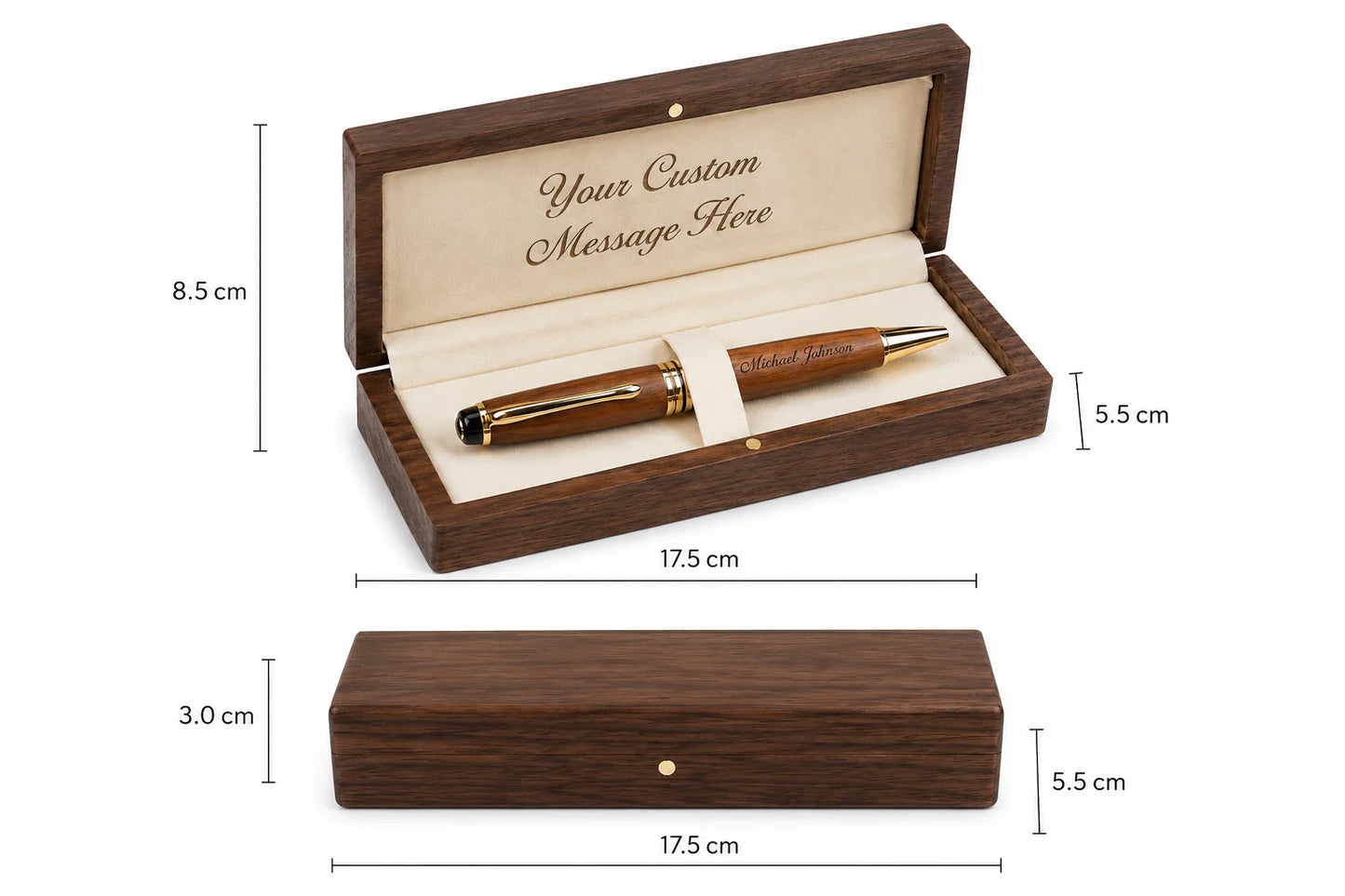 Wooden pen in a custom message box with dimensions and a gold inscription