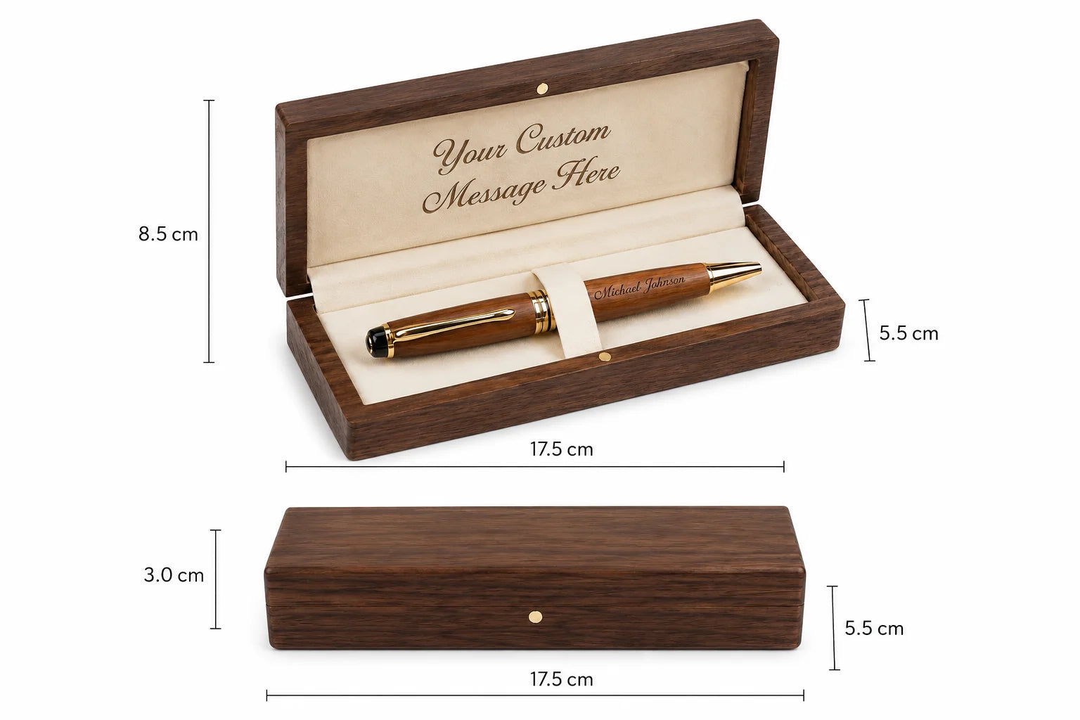 Wooden pen in a custom message box with dimensions and a gold inscription