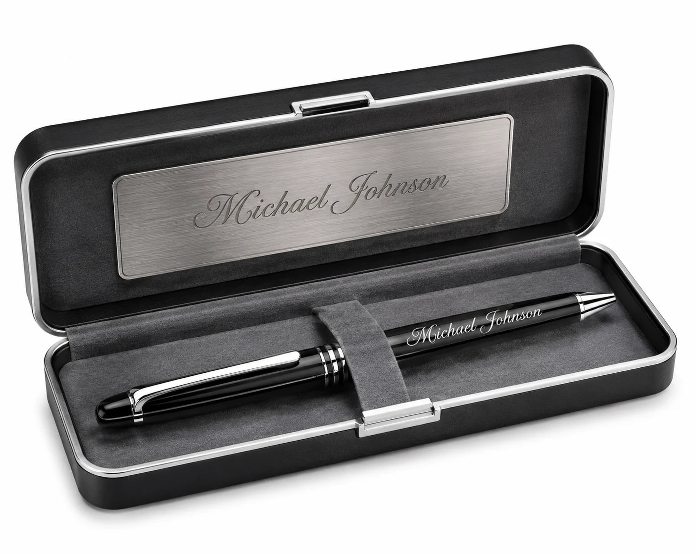 Elegant black pen with engraved name in a sleek presentation