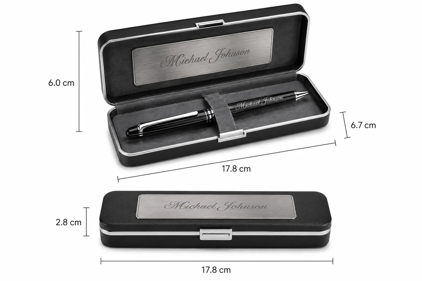 Elegant black presentation case with engraved lid and pen, dimensions labeled