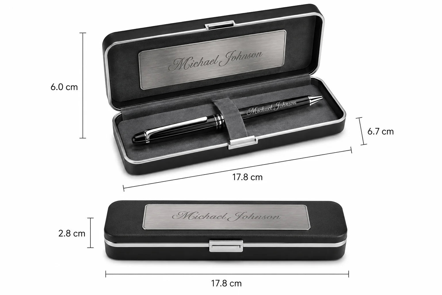 Elegant black presentation case with engraved lid and pen, dimensions labeled