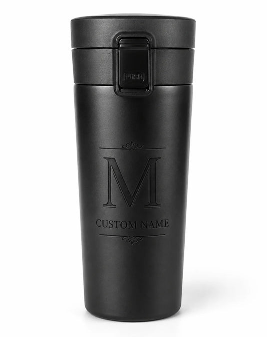 Black travel mug with custom name engraved and large initial monogrammed