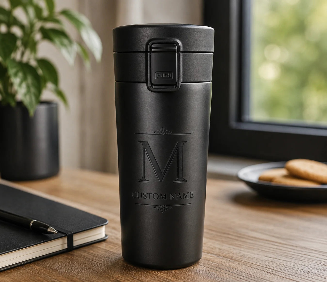 Black tumbler with monogrammed initials on wooden desk beside notebook and plant