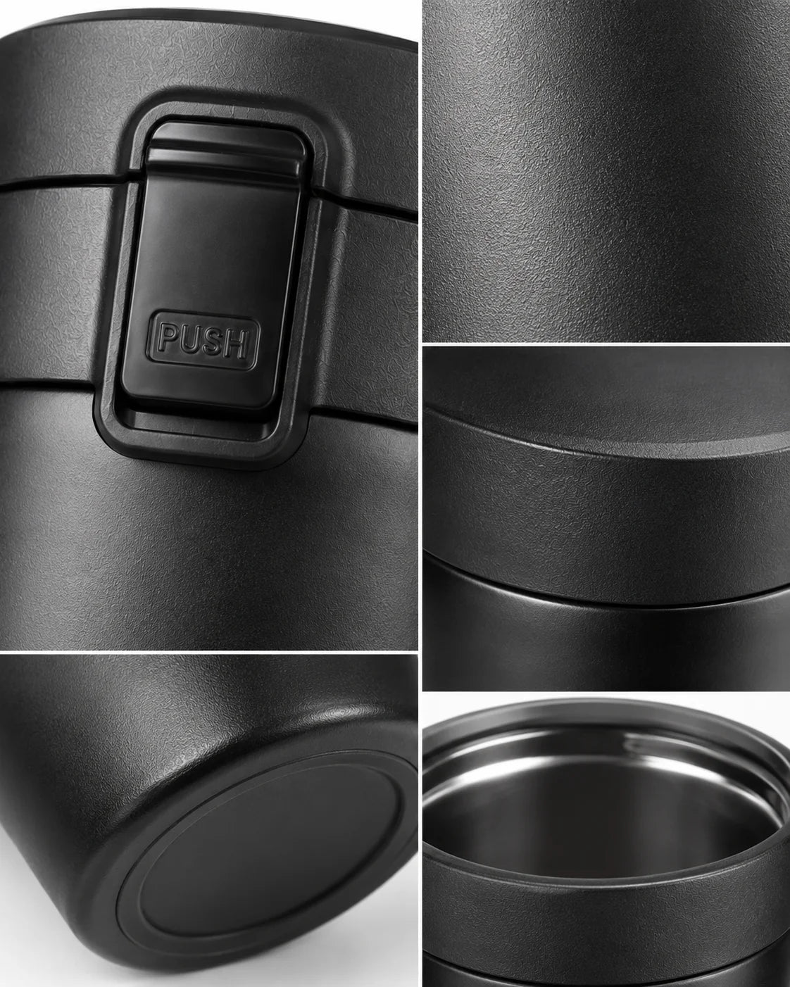 Collage of black travel mug with secure lid, rubber seal, and button detail